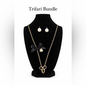 Trifari GoldTwisted Necklace w Broach pendant & clip on Trifani Pearl Earrings